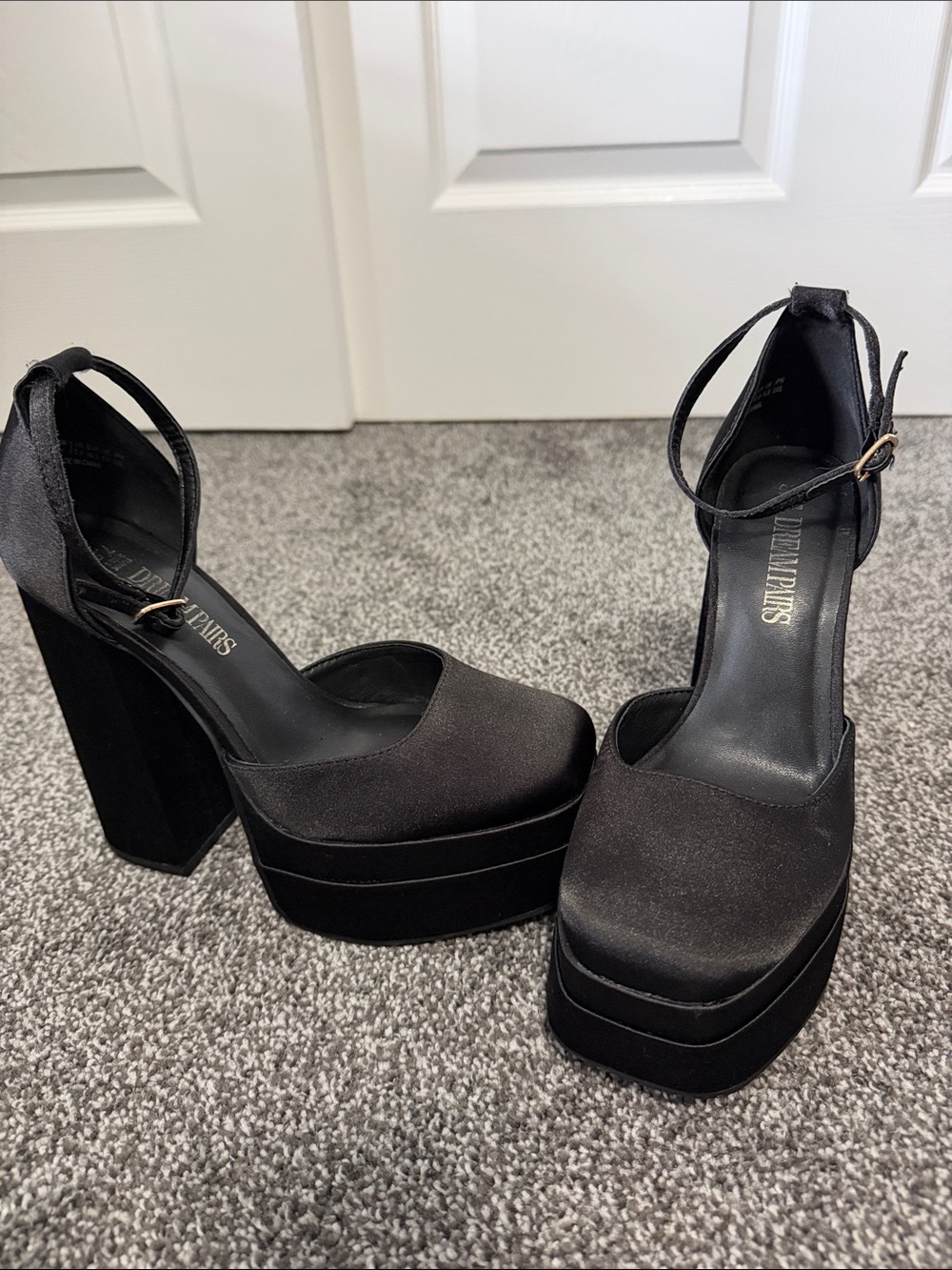 Dream Pairs Black Satin Platform Ankle-Strap Heels